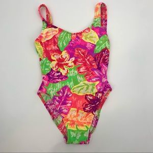Vintage One Piece Swimsuit in Neon Tropical Floral Print